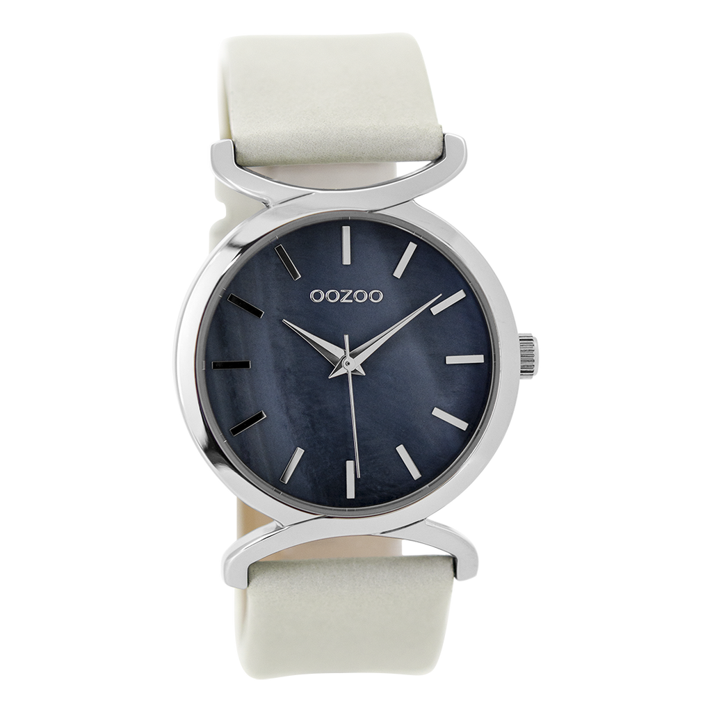 Silver coloured OOZOO watch with white leather strap - C9525