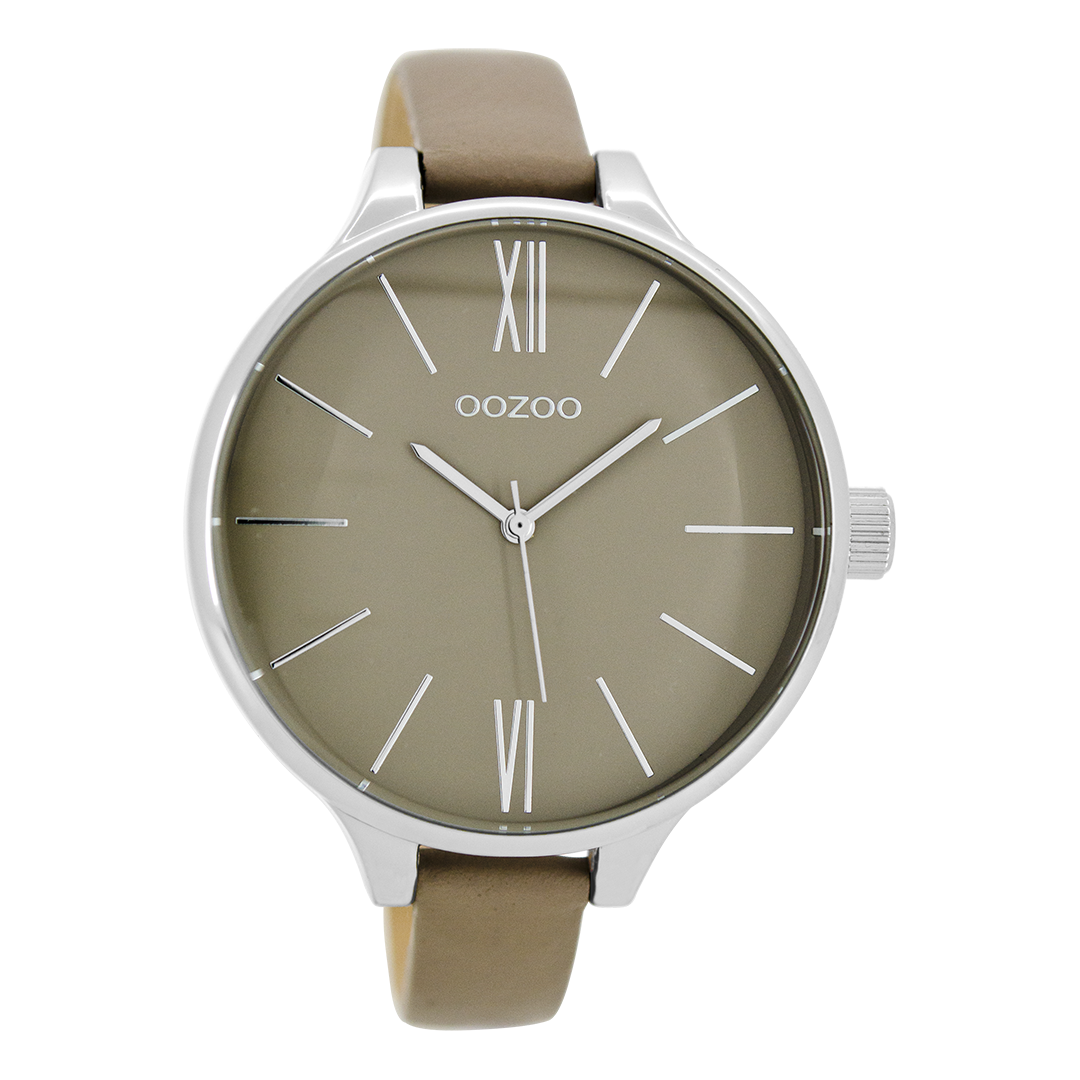 Silver coloured OOZOO watch with taupe leather strap - C9543