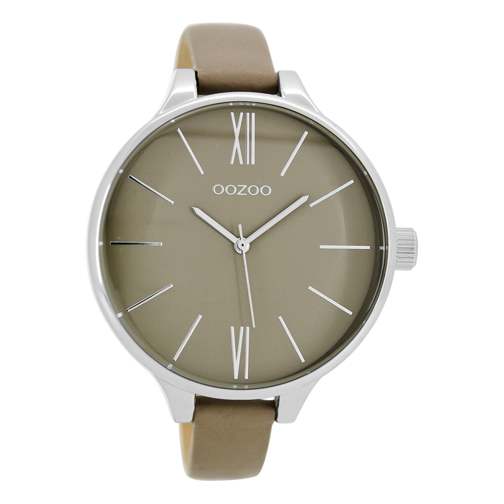 Silver coloured OOZOO watch with taupe leather strap - C9543