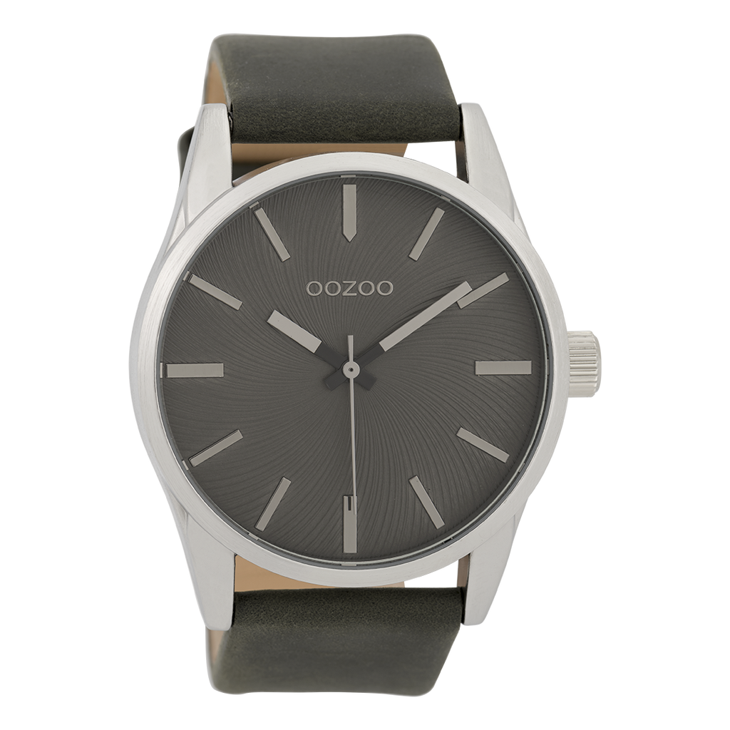 Silver coloured OOZOO watch with dark grey  leather strap - C9628