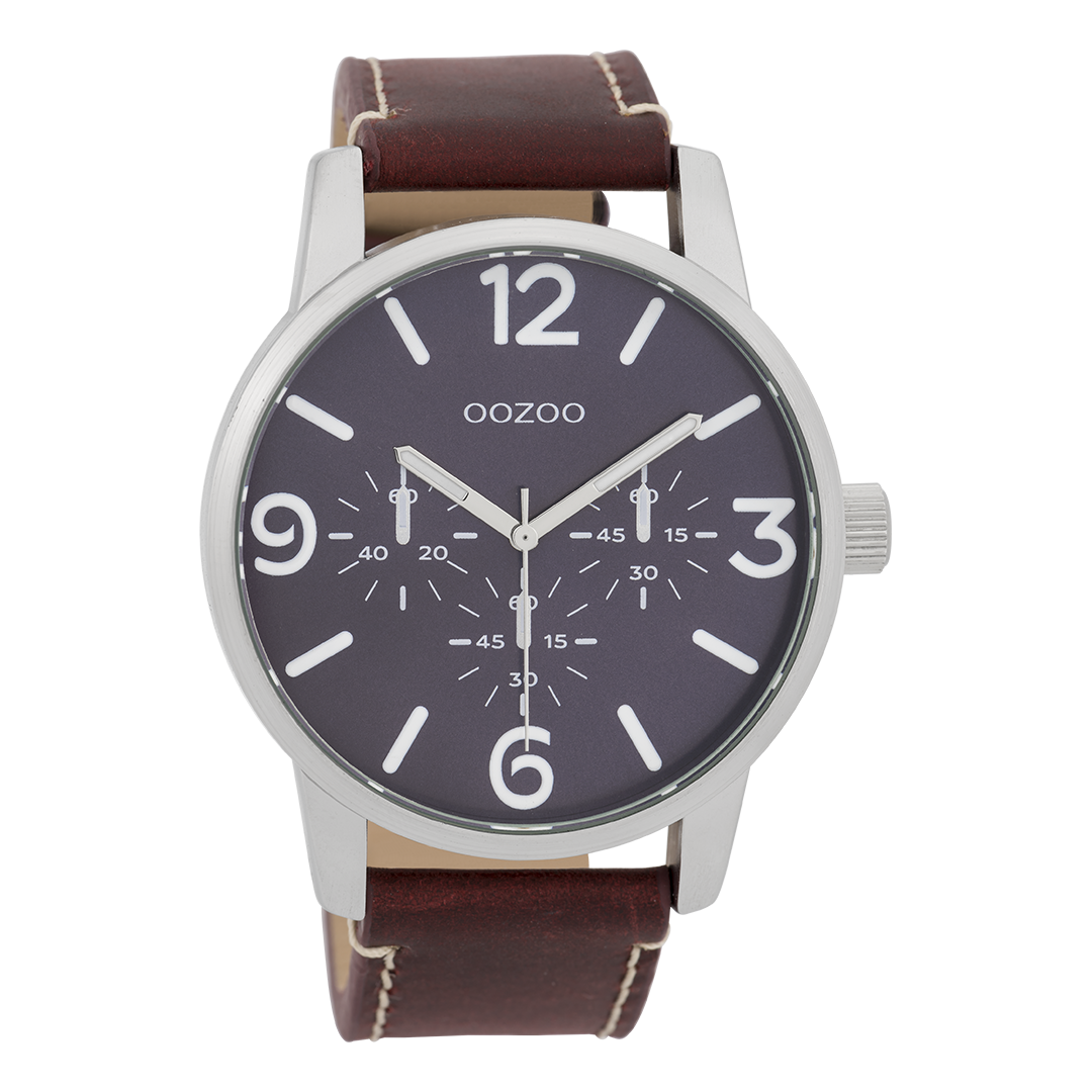 Silver coloured OOZOO watch with red brown leather strap - C9651