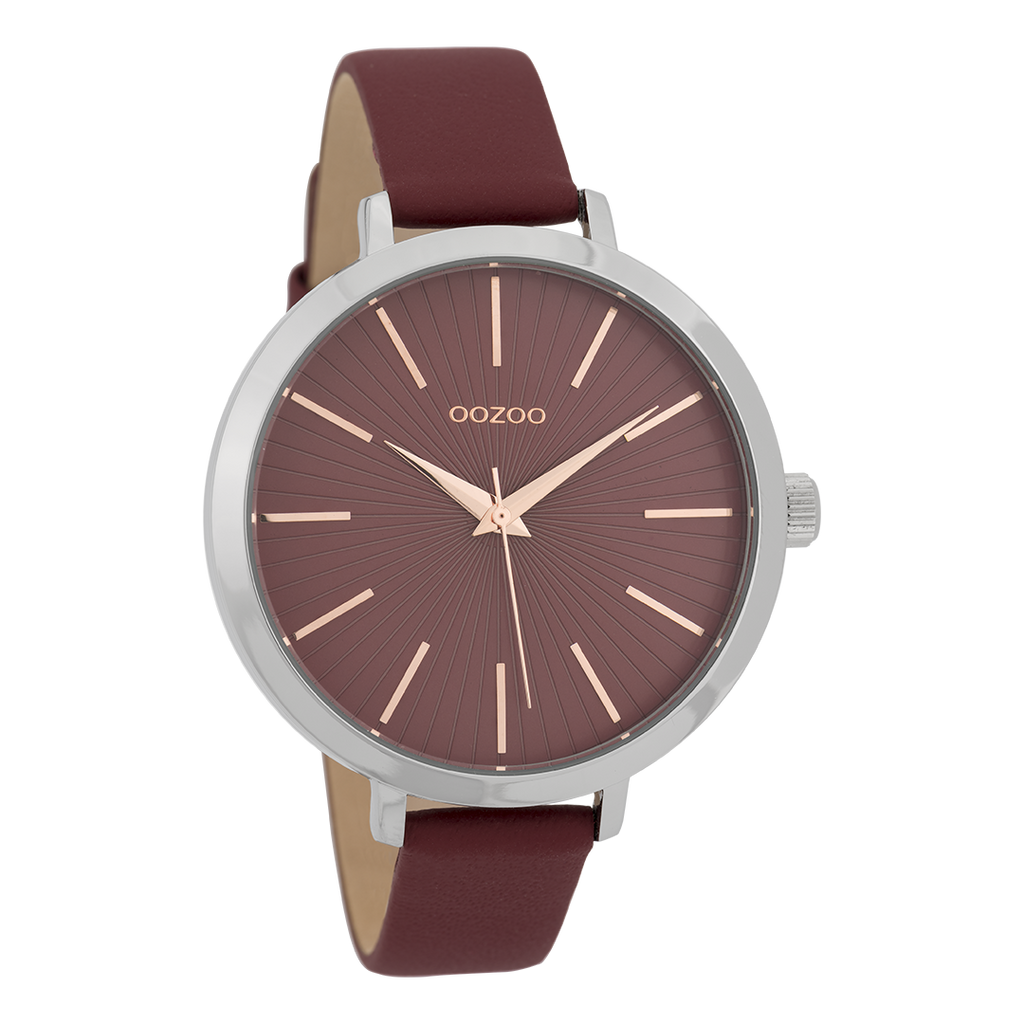 Silver coloured OOZOO watch with burgundy leather strap - C9673