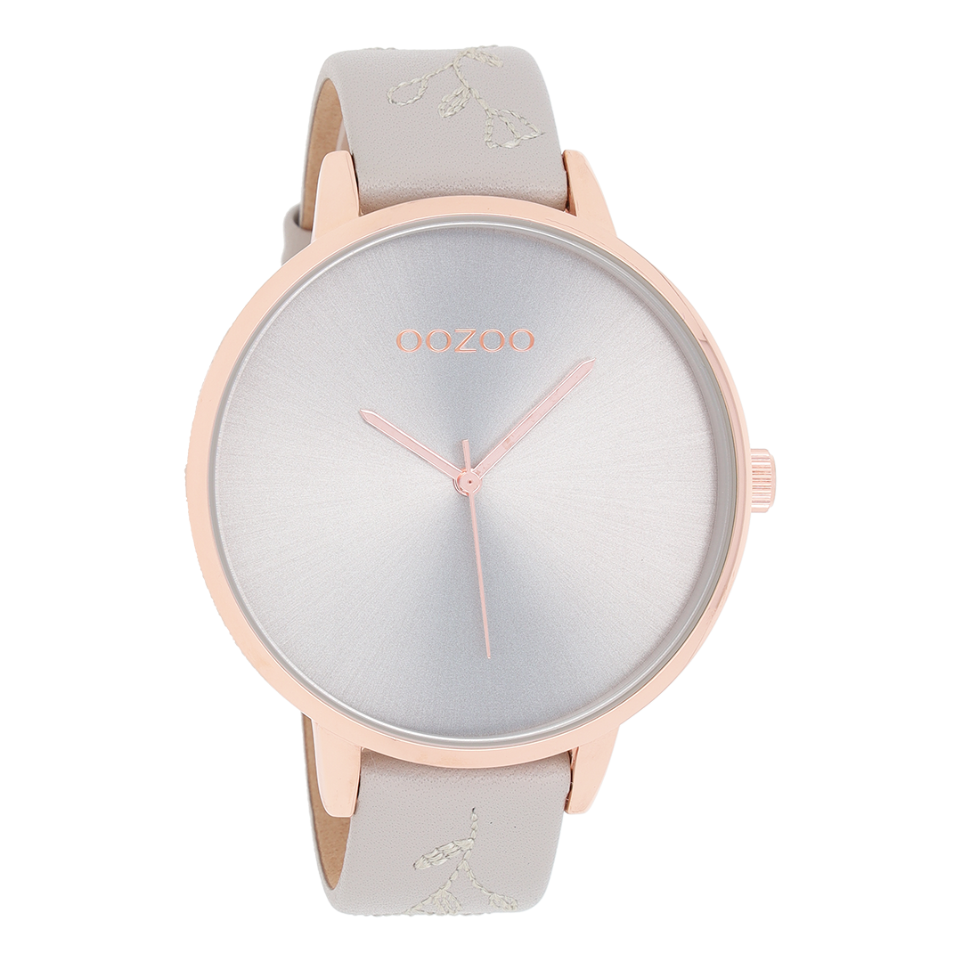 OOZOO Montre en couleur or rose avec bracelet en cuir en gris clair - C9715