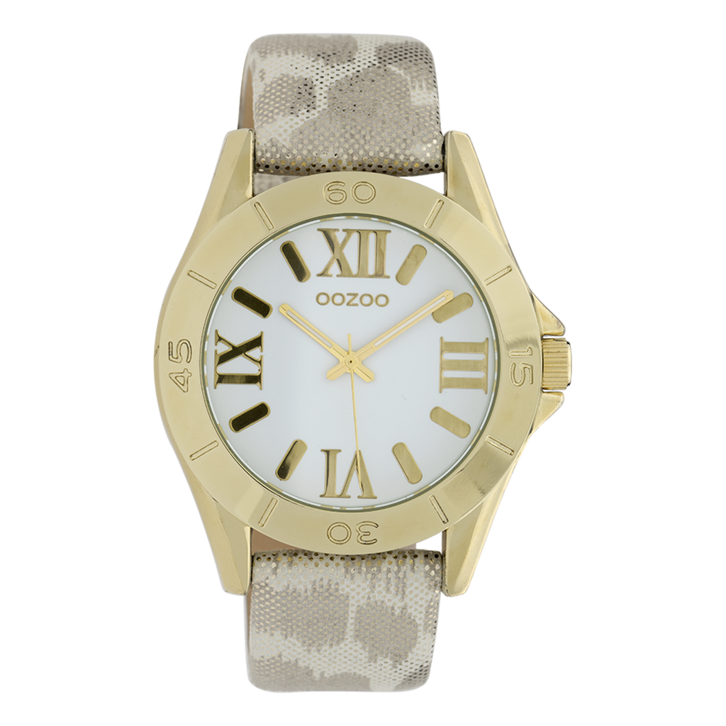 Gold coloured OOZOO watch with silver coloured/white leather strap - C9781