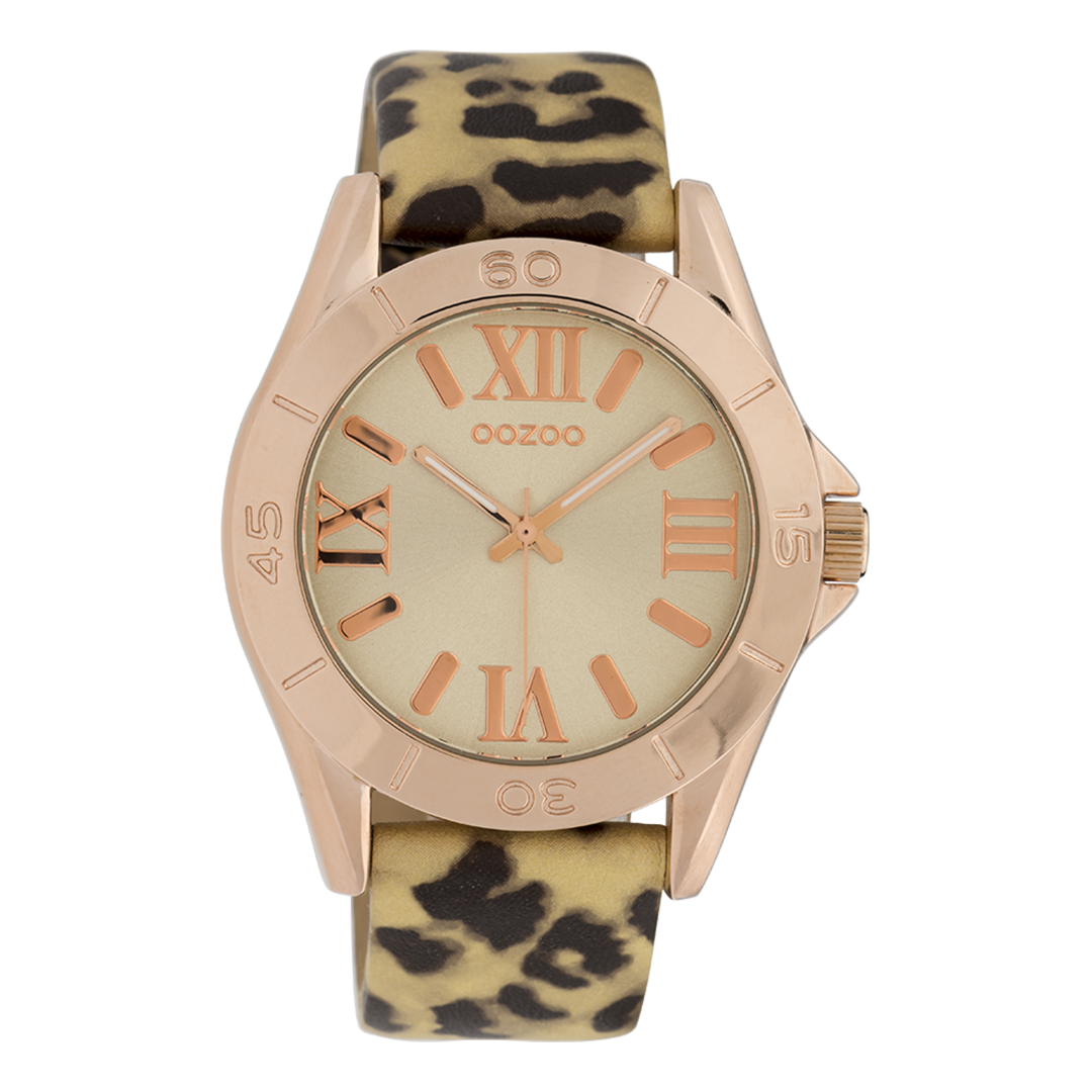 OOZOO Montre en couleur or rose avec bracelet en cuir en noir/couleur or - C9783