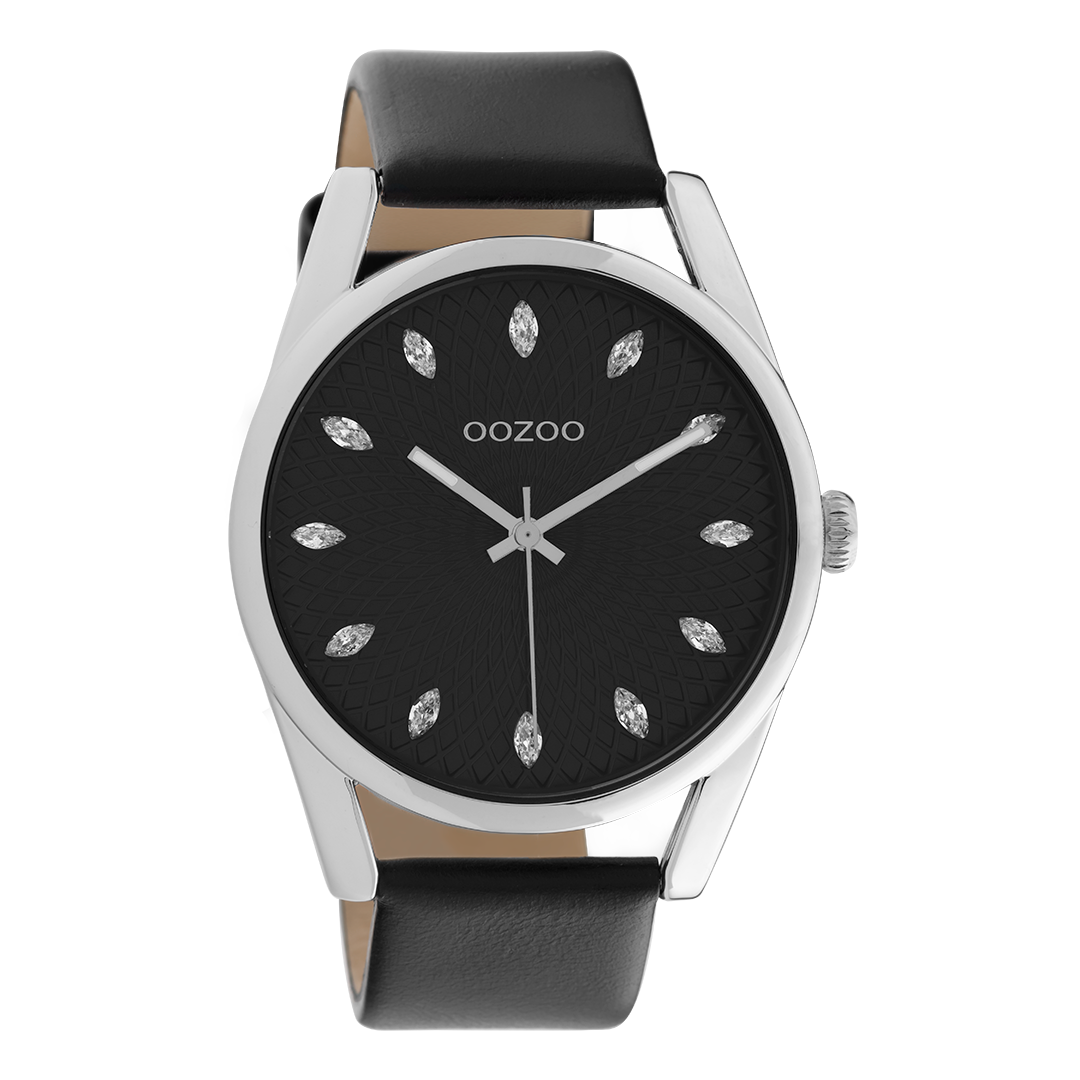 Silver coloured OOZOO watch with black leather strap - C10818