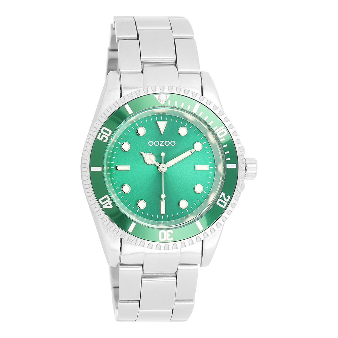 OOZOO Montre en couleur argent/vert avec bracelet en acier inoxydable en couleur argent - C11146