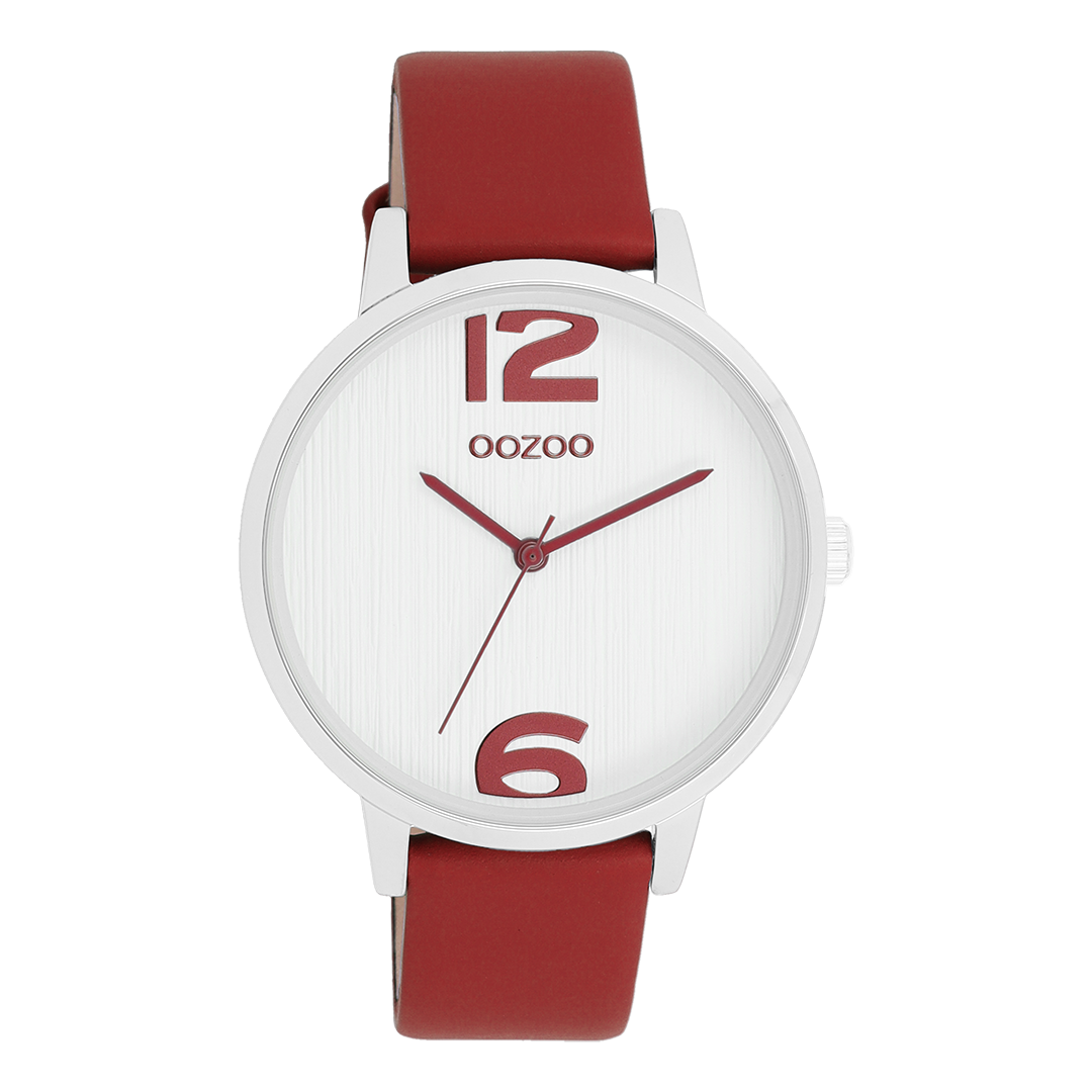 OOZOO Montre en couleur argent avec bracelet en cuir en dahlia rouge - C11237