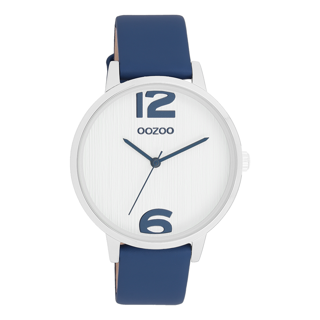 OOZOO Montre en couleur argent avec bracelet en cuir en bleu foncé - C11238