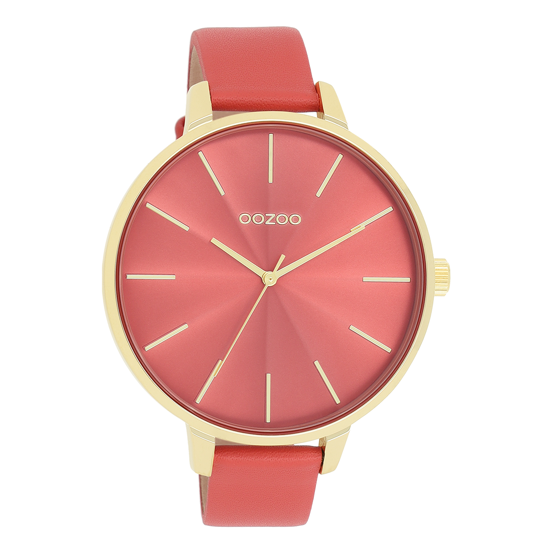 Gold coloured OOZOO watch with red leather strap - C11255