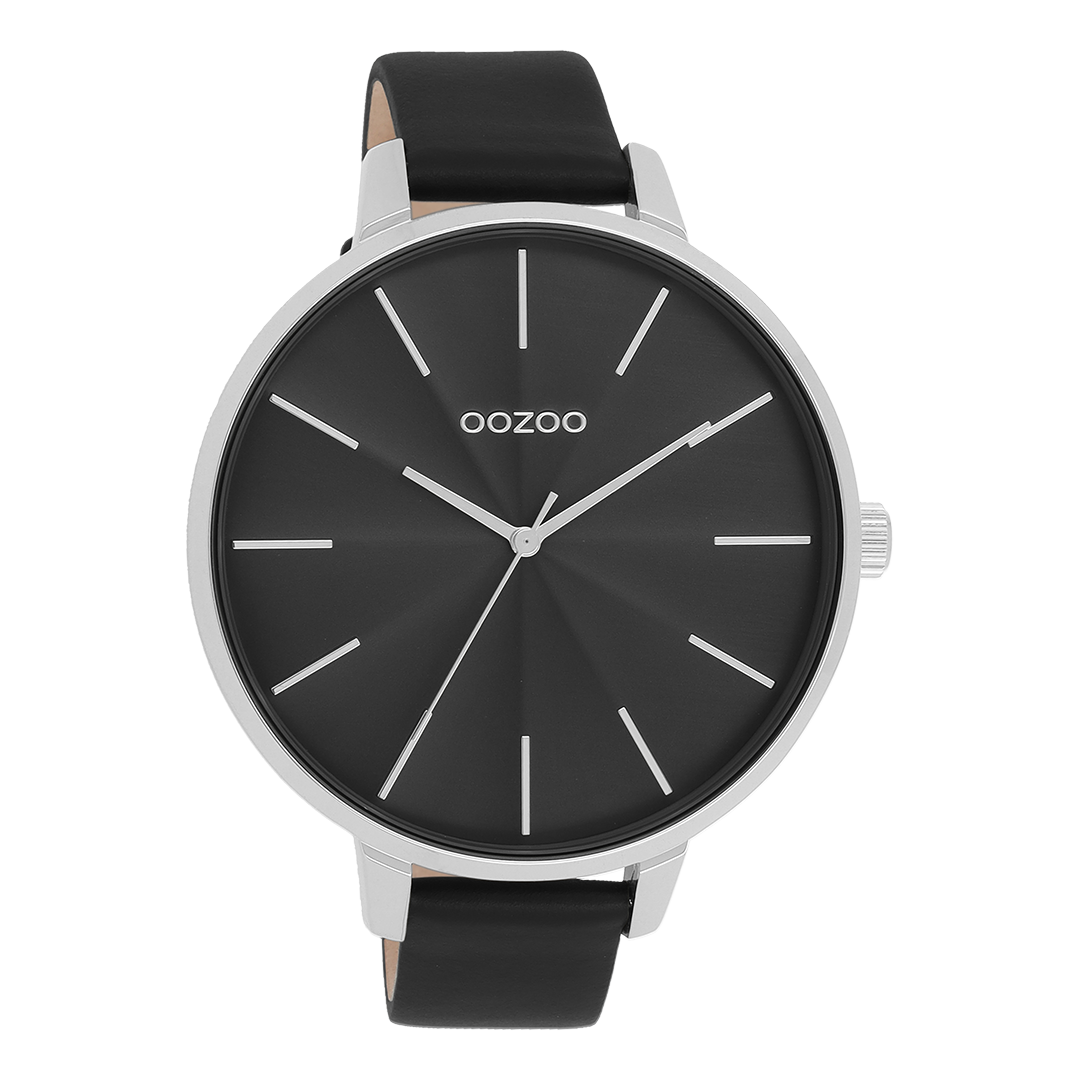 Silver coloured OOZOO watch with black leather strap - C11258