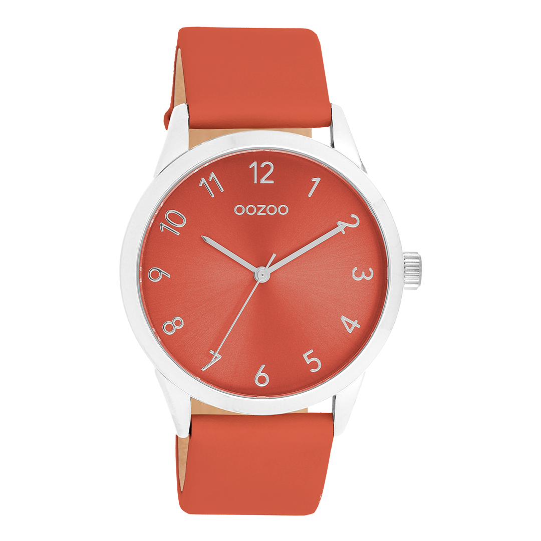 Silver coloured OOZOO watch with red leather strap - C11326