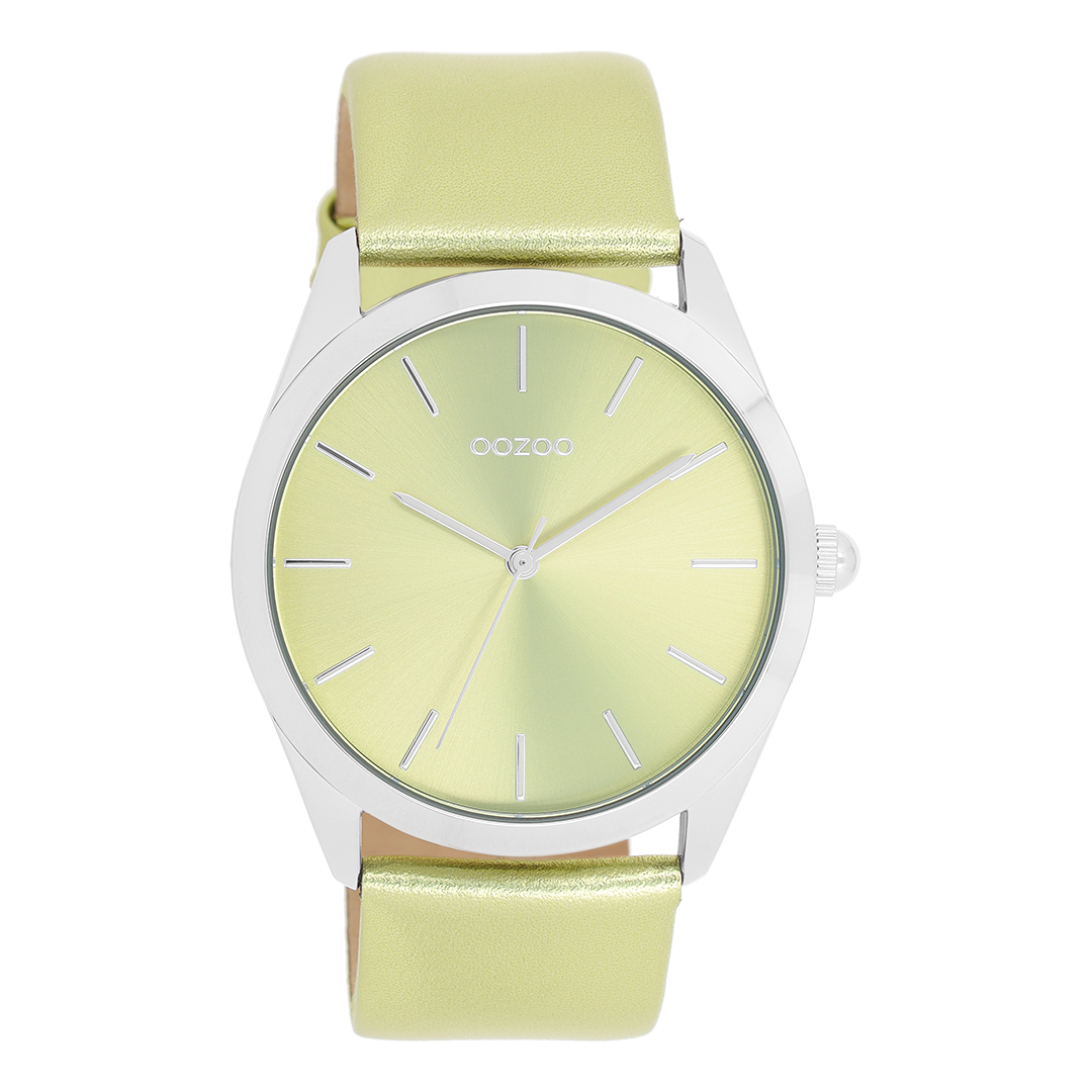 Silver coloured OOZOO watch with lime green leather strap - C11331