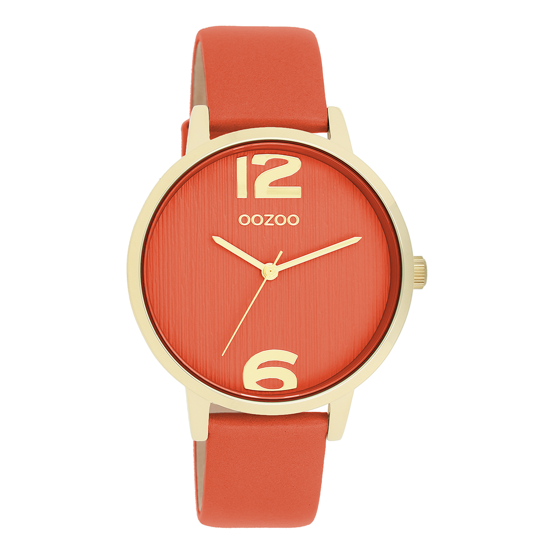 OOZOO Montre en couleur or avec bracelet en cuir en orange chaud - C11341